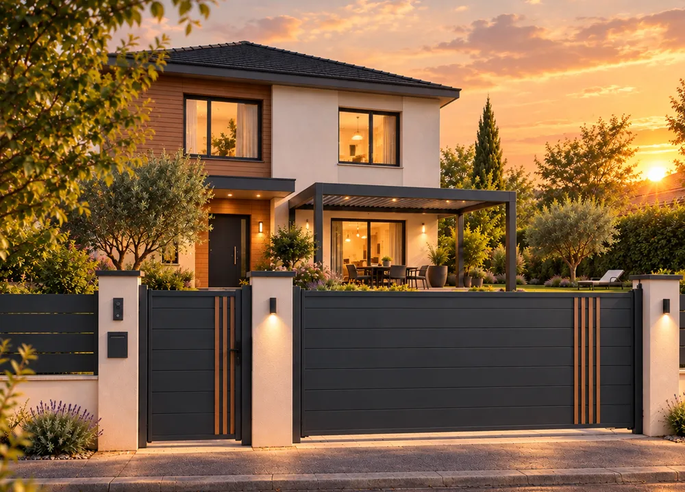 Maison avec portail coulissant et portillon aluminium au coucher du soleil