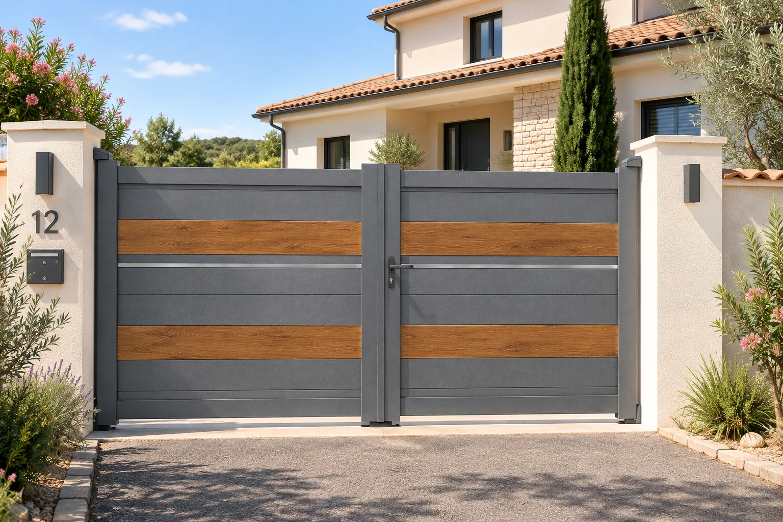 Portail battant ALBI installé devant une maison